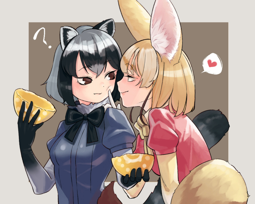 2girls ? animal_ear_fluff animal_ears bangs black_gloves black_neckwear blue_shirt blush bow bowtie brown_eyes cheek_poking commentary common_raccoon_(kemono_friends) elbow_gloves english_commentary eyebrows_visible_through_hair face-to-face fennec_(kemono_friends) food fox_ears fox_tail fur_collar gloves heart japari_bun kemono_friends looking_at_another mabbakmoe multiple_girls pink_shirt poking puffy_short_sleeves puffy_sleeves raccoon_ears raccoon_tail shirt short_sleeves simple_background spoken_heart tail white_gloves yellow_neckwear yuri