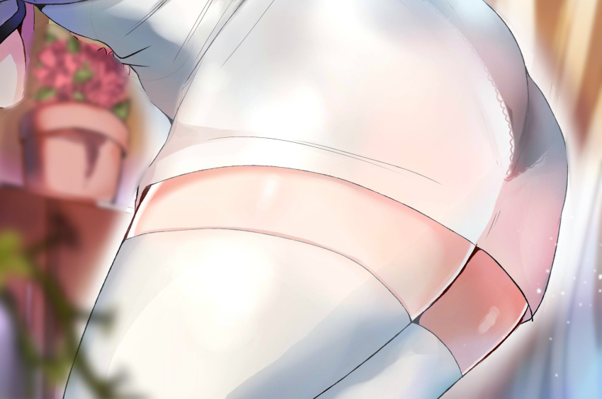 1girl ass bent_over black_panties blurry blurry_background character_request close-up commentary_request copyright_request flower flower_pot highres legs_together panties pantylines pencil_skirt red_flower satoupote see-through skirt solo thigh-highs thighs underwear white_legwear white_skirt zettai_ryouiki