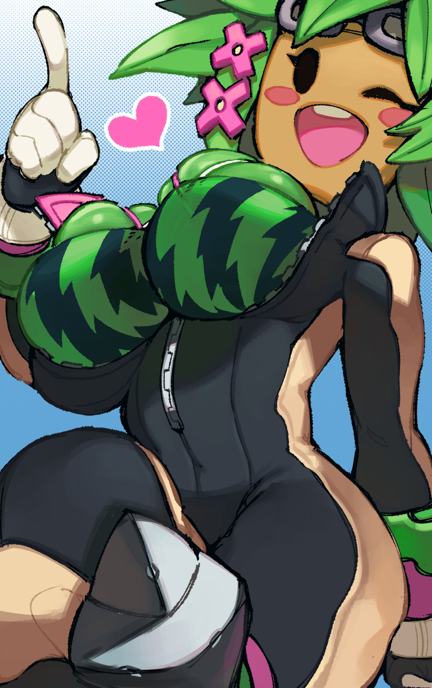 1girl absurdres black_eyes blaster_master_zero blaster_master_zero_2 blush_stickers bodysuit breasts bursting_breasts food_print glo-s-s goggles goggles_on_head green_hair green_skin hair_ornament highres index_finger_raised kanna_(blaster_master_zero) large_breasts monster_girl no_pupils open_mouth skindentation solo watermelon_print x_hair_ornament zipper