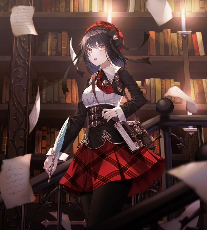 1girl absurdres black_hair book bookshelf breasts brown_eyes cecil86 eyebrows_visible_through_hair highres holding holding_quill indoors looking_at_viewer medium_breasts original paper parted_lips quill railing red_skirt short_hair skirt solo standing