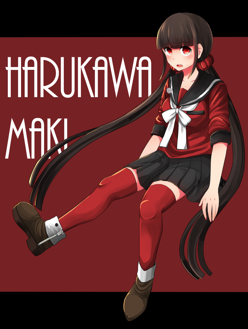 1girl absurdres artist_name bangs black_hair blunt_bangs brown_footwear collarbone commentary_request dangan_ronpa eyebrows_visible_through_hair hair_ornament harukawa_maki highres long_hair looking_at_viewer low_twintails new_dangan_ronpa_v3 pleated_skirt red_eyes red_legwear red_scrunchie red_shirt school_uniform scrunchie serafuku shield_sound shirt shoes simple_background skirt solo thigh-highs twintails upper_teeth very_long_hair