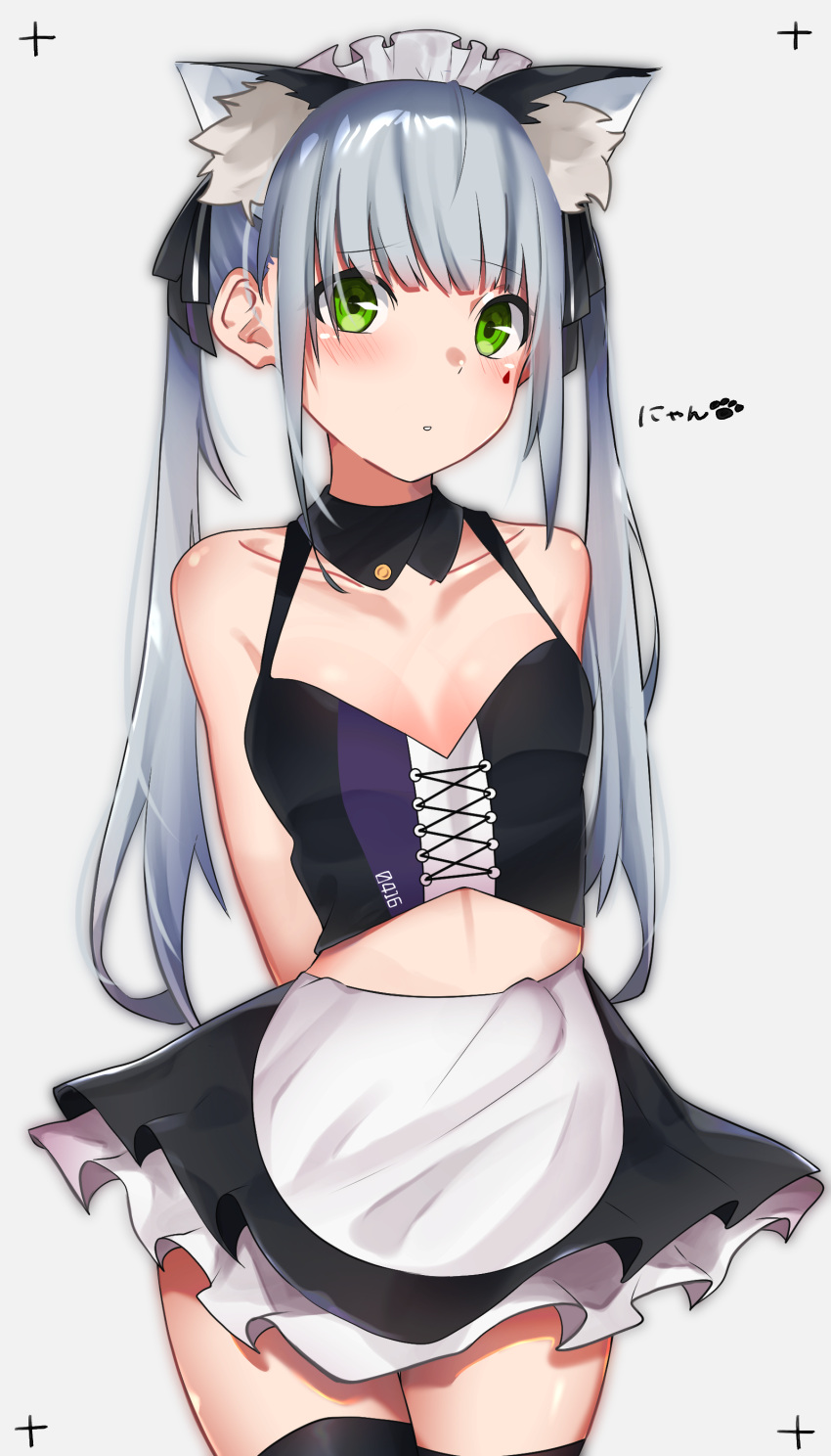 1girl absurdres animal_ears apron arms_behind_back bangs black_legwear black_skirt blunt_bangs blush breasts cat_ears character_name clothes_writing collarbone cowboy_shot crop_top detached_collar eyebrows_visible_through_hair facial_mark girls_frontline green_eyes hair_ornament highres hk416_(girls_frontline) long_hair looking_at_viewer maid_headdress rairaisama sidelocks silver_hair skirt small_breasts solo teardrop thigh-highs twintails waist_apron younger