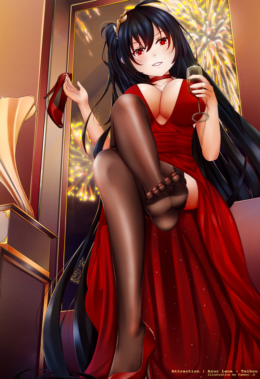 1girl ahoge alternate_costume artist_name azur_lane bangs bare_shoulders black_hair blush breasts brown_legwear character_name choker cleavage cocktail_dress collarbone cup dress eyebrows_visible_through_hair feet fireworks glint gold grin hair_between_eyes hair_ornament highres holding holding_cup holding_shoes indoors large_breasts legs_crossed long_hair looking_at_viewer pantyhose red_choker red_dress red_eyes shoes single_shoe smile soles solo taihou_(azur_lane) taihou_(forbidden_feast)_(azur_lane) thigh-highs tsurime very_long_hair window yumeno_s