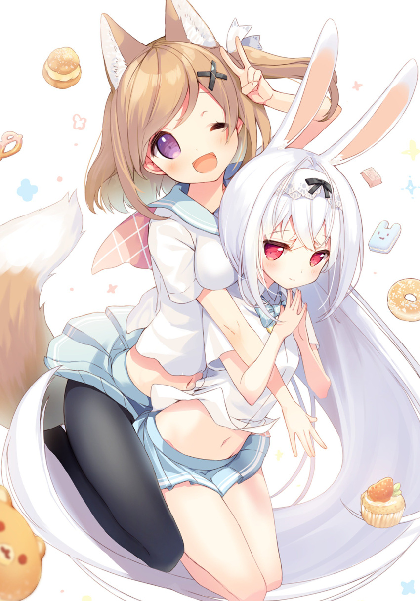 2girls absurdly_long_hair absurdres animal_ears bangs blue_skirt bow bowtie breasts brown_hair cookie crop_top cynthia_riddle dress_shirt extra_ears food fox_ears fox_tail fruit hair_ornament hair_ribbon highres jumping light_smile long_hair looking_at_viewer medium_breasts midriff multiple_girls navel original p19 pantyhose pleated_skirt pretzel rabbit_ears red_eyes ribbon school_uniform serafuku shirt short_sleeves side_ponytail skirt smile steepled_fingers strawberry sweets swept_bangs symbol_commentary tail v very_long_hair violet_eyes white_background white_hair white_shirt x_hair_ornament