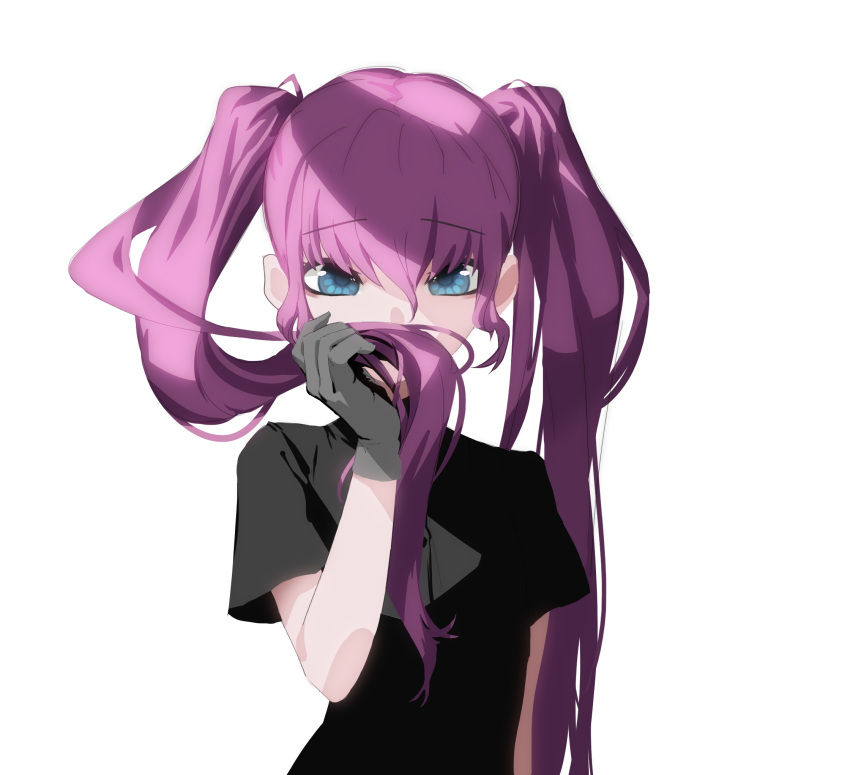 1girl bangs black_shirt blue_eyes commentary_request covered_mouth dress_shirt eyebrows_visible_through_hair gloves grey_gloves hair_between_eyes hand_up highres holding holding_hair liyou-ryon long_hair looking_at_viewer original purple_hair shirt short_sleeves simple_background solo twintails upper_body very_long_hair white_background