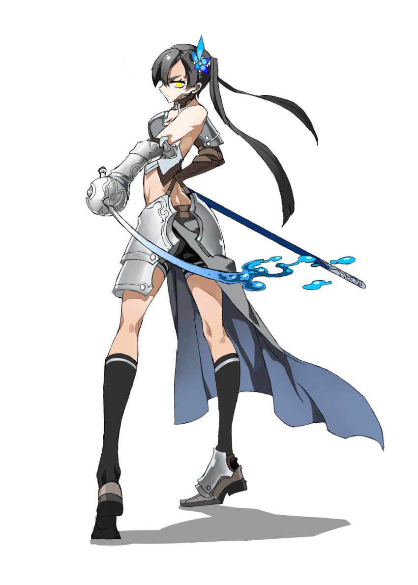 1girl absurdres armor bare_shoulders black_legwear blue_flower breastplate closed_mouth flower frown hair_flower hair_ornament highres holding holding_sword holding_weapon lamian_(pixiv415608) looking_back medium_hair original rapier simple_background solo standing sword thigh-highs tied_hair twintails water weapon white_background yellow_eyes