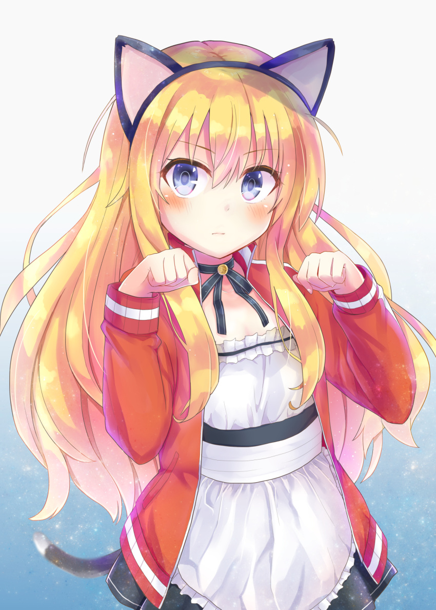 1girl animal_ears black_skirt blonde_hair blue_eyes blush breasts cat_ears cat_tail commentary_request dress fake_animal_ears gabriel_dropout hair_between_eyes hands_up highres jacket long_hair looking_at_viewer paw_pose red_jacket skirt small_breasts solo tail tenma-gav tenma_gabriel_white track_jacket very_long_hair white_dress