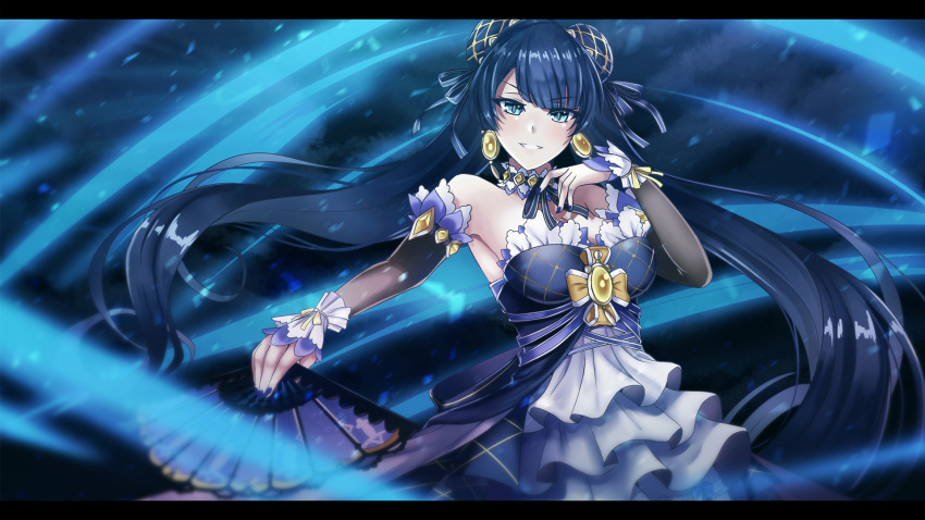 1girl aqua_eyes ateliae bellona_(epic7) black_hair breasts cleavage commentary detached_sleeves double_bun earrings english_commentary epic7 fan frills hair_ribbon highres jewelry long_hair medium_breasts nail_polish purple_nails ribbon smile solo standing twintails very_long_hair wind yellow_earrings