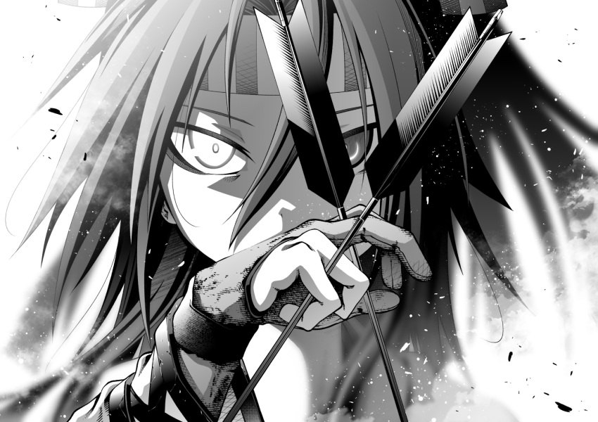 1girl akaneharu_ohkami arrow close-up covering_mouth gloves greyscale hachimaki headband holding_arrow kantai_collection long_hair monochrome partly_fingerless_gloves yugake zuihou_(kantai_collection)