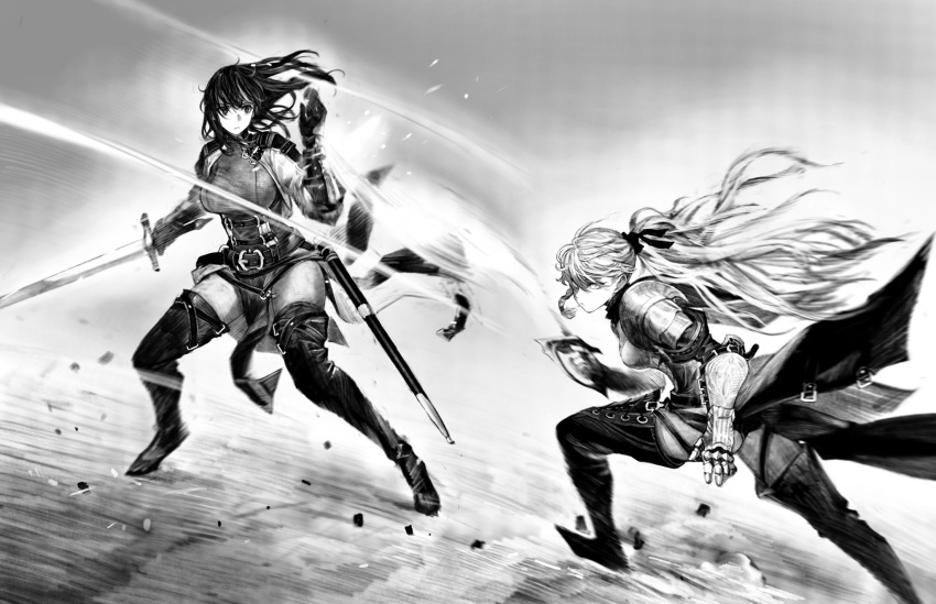 2girls armor belt black_hair blonde_hair blurry boots commentary english_commentary fighting fighting_stance gauntlets gladiator highres jun_(seojh1029) knee_boots knight long_sword monochrome multiple_girls original ponytail rapier scabbard sheath sword tied_hair weapon