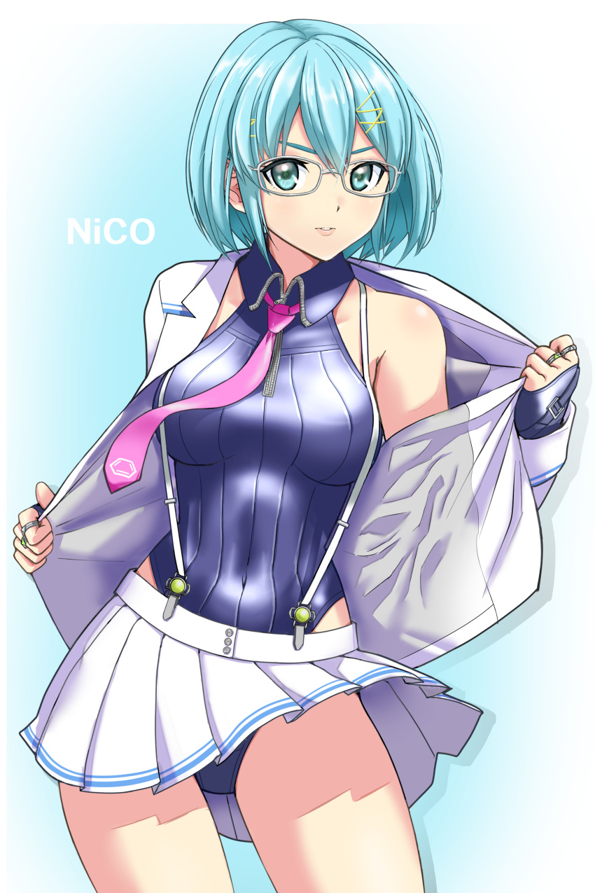1girl absurdres aqua_eyes aqua_hair blue_gloves blue_leotard character_name commentary_request covered_navel dead_or_alive dead_or_alive_6 fingerless_gloves glasses gloves hair_ornament hairclip highres hiroyama_(hpzg5374) jacket jewelry leotard leotard_under_clothes necktie nico_(doa) parted_lips pink_neckwear pleated_skirt ribbed_leotard ring short_hair simple_background skirt standing suspender_skirt suspenders thumb_ring white_jacket white_skirt wind wind_lift x_hair_ornament