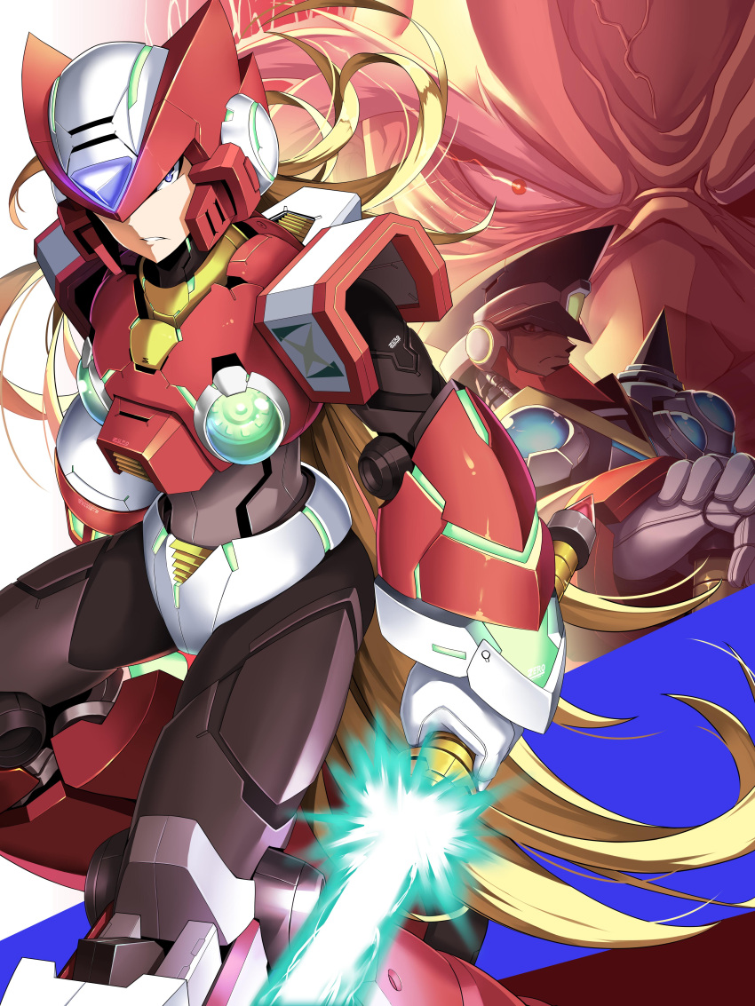 3boys absurdres albert_w_wily android blonde_hair blue_eyes capcom colonel energy_sword facial_hair gloves hat helmet highres holding holding_weapon jie_laite lightsaber long_hair male_focus multiple_boys mustache red_eyes rockman rockman_x rockman_x4 sword very_long_hair weapon white_gloves zero_(rockman)