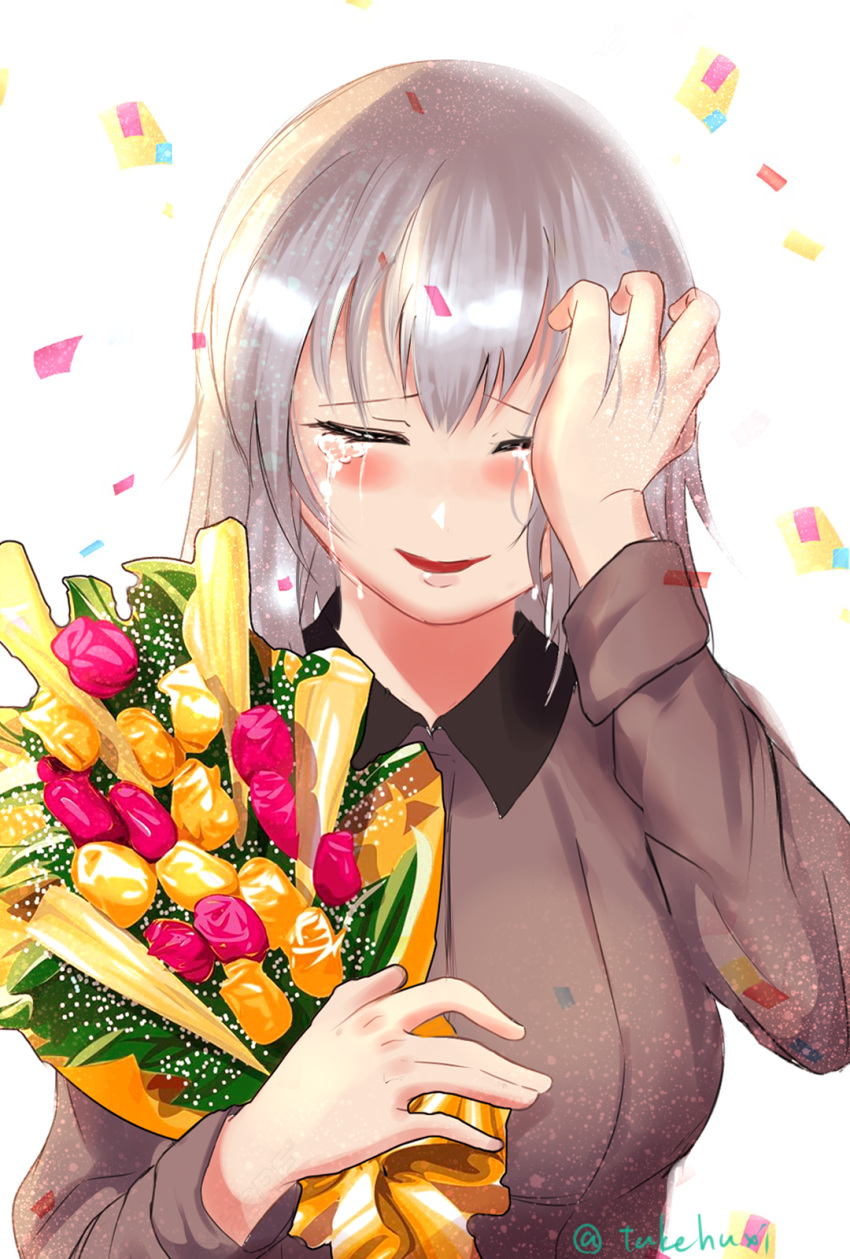 1girl bangs blush bouquet closed_eyes commentary confetti crying dress_shirt facing_viewer flower girls_und_panzer grey_shirt hand_on_own_face happy highres holding holding_bouquet itsumi_erika kuromorimine_school_uniform long_hair long_sleeves open_mouth school_uniform shirt silver_hair smile solo takefu_jiin tears twitter_username upper_body