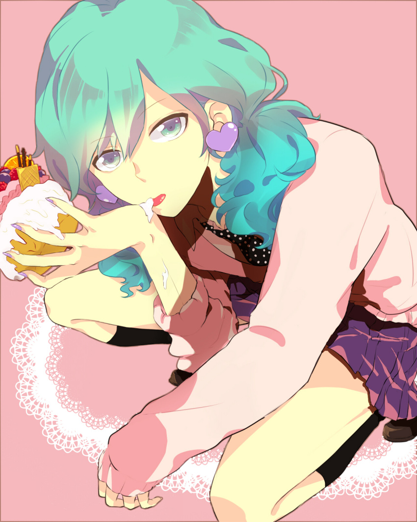 1boy aqua_eyes aqua_hair black_legwear brown_footwear commentary_request cream crossdressinging earrings eyebrows_visible_through_hair food from_above fruit heart heart_earrings highres holding holding_food jewelry kneehighs licking long_hair looking_at_viewer male_focus mikaze_ai necktie pink_skirt pink_sweater polka_dot polka_dot_neckwear shoes skirt sleeves_past_wrists solo sweater tongue tongue_out uta_no_prince-sama uz_saba
