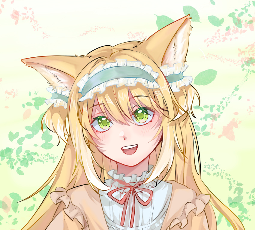 1girl :d absurdres animal_ear_fluff animal_ears aqua_hairband arknights blonde_hair brown_cardigan cardigan chinese_commentary commentary_request fox_ears fox_girl frilled_hairband frills green_eyes hair_between_eyes hair_ornament hairband highres neck_ribbon official_alternate_costume open_cardigan open_clothes open_mouth portrait red_ribbon ribbon shirt smile solo suzuran_(arknights) suzuran_(spring_praise)_(arknights) teeth upper_teeth_only white_shirt xianyuyouyyyy