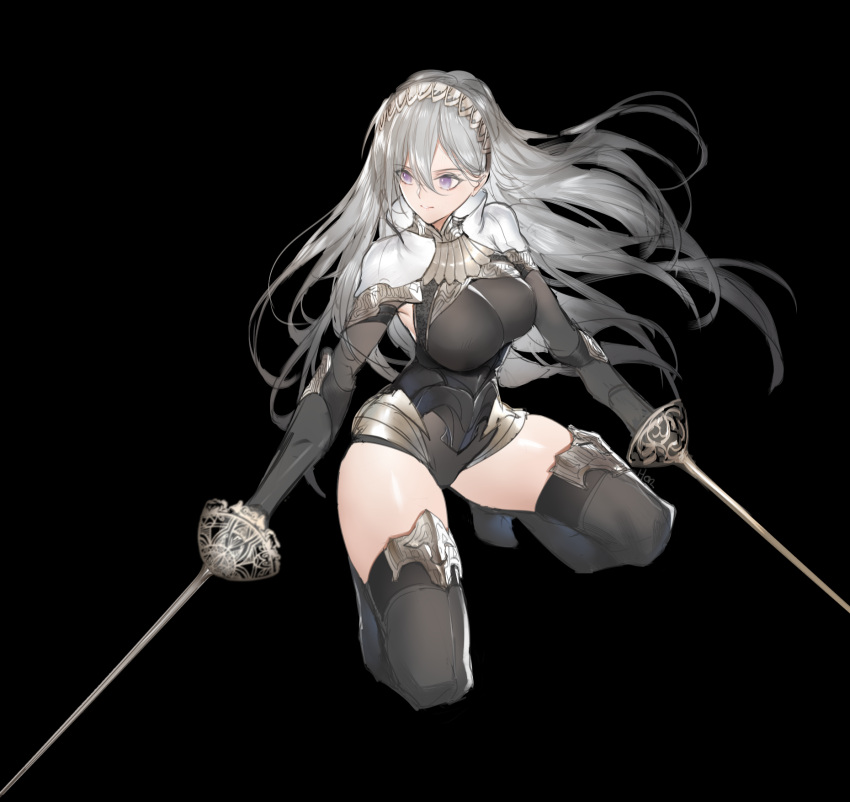 1girl armor black_footwear black_gloves boots breasts dual_wielding elbow_gloves gloves hair_between_eyes hairband high_heel_boots high_heels highres holding horz large_breasts leotard long_hair original rapier silver_hair solo squatting sword thigh-highs thigh_boots underbust very_long_hair violet_eyes weapon