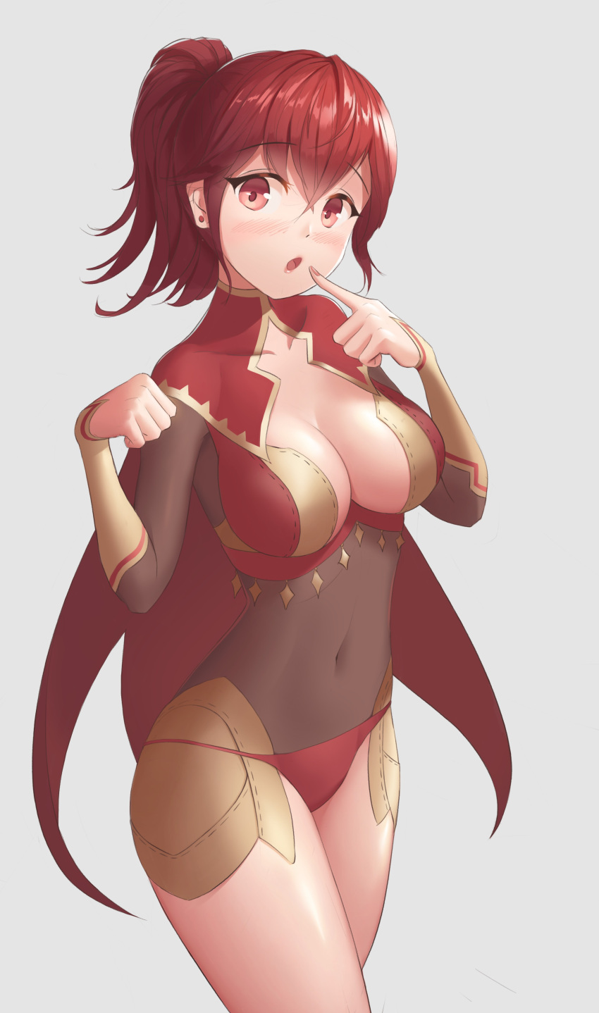 1girl absurdres anna_(fire_emblem) awan0918 bangs blush breasts cape cleavage_cutout commentary_request covered_navel earrings finger_to_mouth fire_emblem fire_emblem_if gloves highres jewelry medium_breasts nintendo open_mouth ponytail red_cape red_eyes redhead sidelocks simple_background solo twitter_username