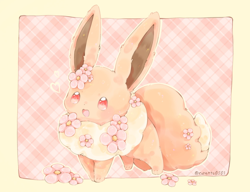 border collet_(pixiv17839028) creatures_(company) eevee flower flower_on_head game_freak gen_1_pokemon highres nintendo no_humans open_mouth pink_background plaid plaid_background pokemon pokemon_(creature) red_eyes smile standing twitter_username yellow_border yellow_outline