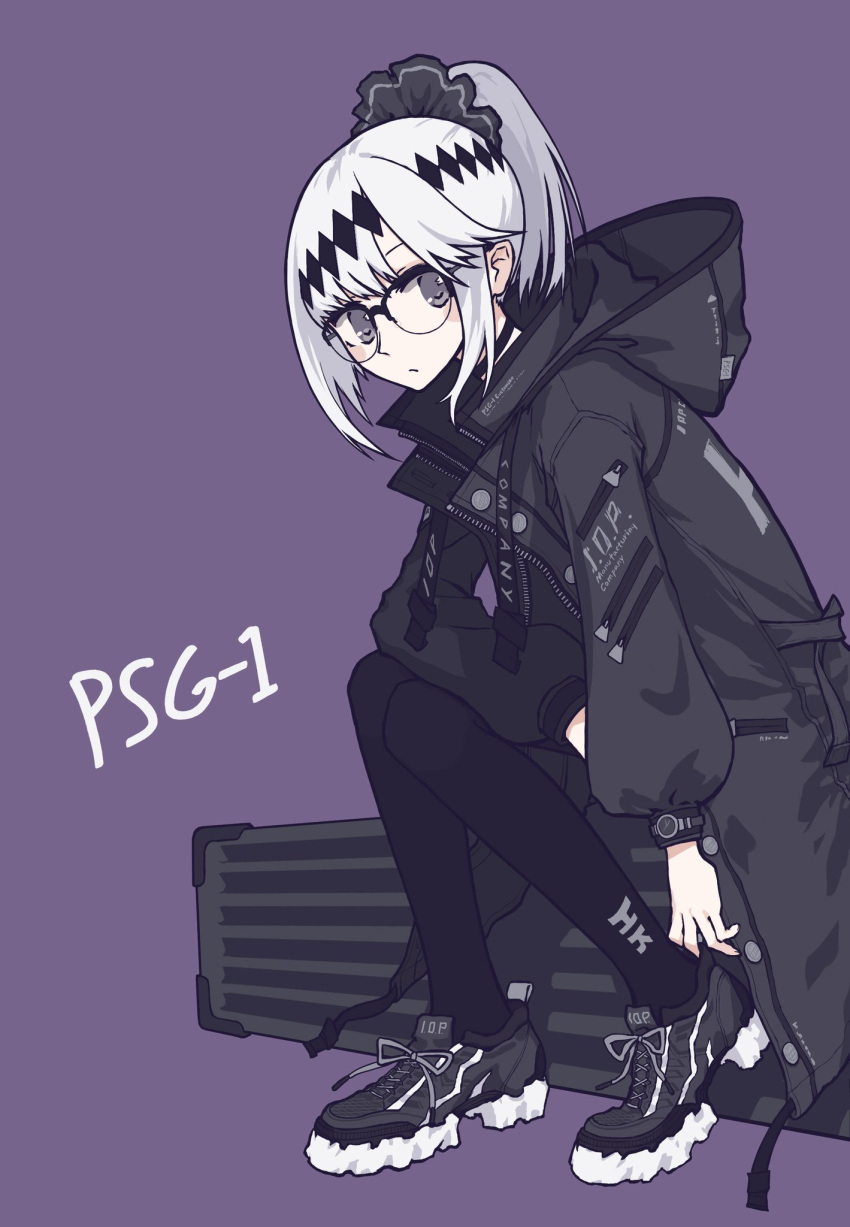 alternate_costume alternate_hairstyle artist_request character_name choker english_text girls_frontline glasses grey_eyes gun_case hair_ribbon highres hood hooded_jacket jacket long_jacket looking_at_viewer ponytail psg-1_(girls_frontline) purple_background ribbon shoes sitting sneakers thigh-highs watch watch white_hair