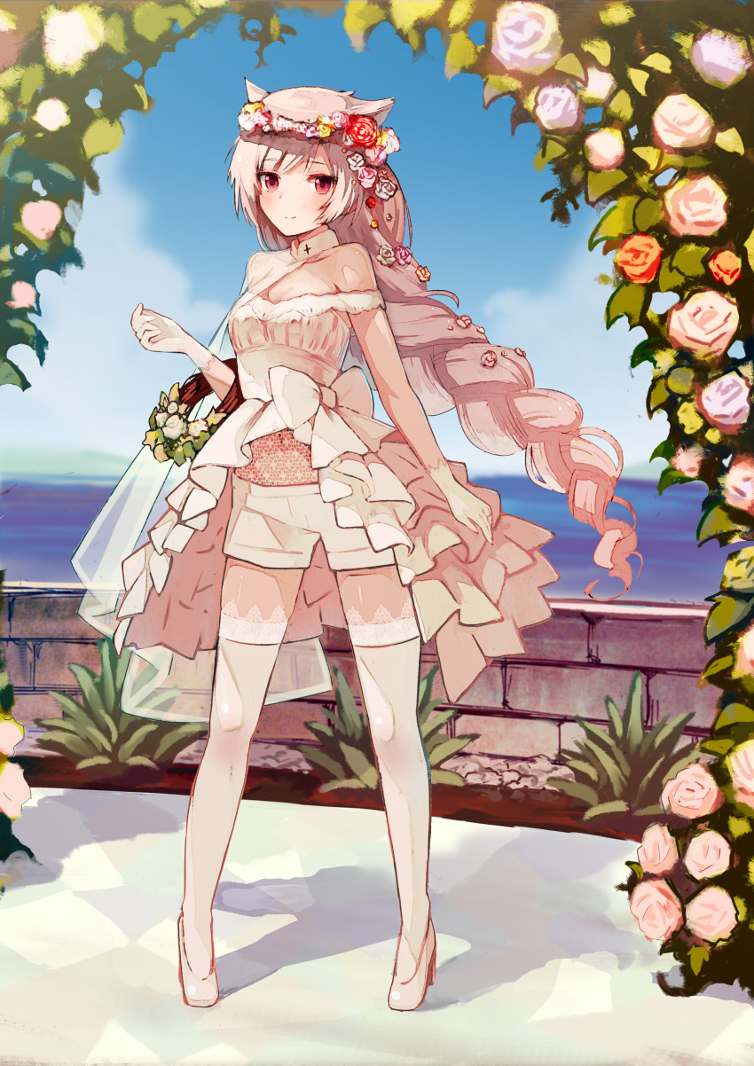 1girl absurdres alternate_costume arch azur_lane bare_shoulders blush braid braided_ponytail capelet collar collarbone commentary dress eyebrows_visible_through_hair flower flower_wreath frilled_skirt frills full_body garter_straps gloves hair_ears hair_flower hair_ornament high_heels highres long_braid long_hair looking_at_viewer midriff montpelier_(azur_lane) navel outdoors red_eyes sakura_akami see-through short_shorts shorts sidelocks skirt sleeveless sleeveless_dress smile solo standing strapless strapless_dress thigh-highs wedding_dress white_collar white_footwear white_hair white_legwear