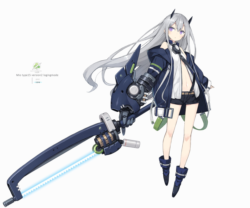 1girl bangs belt blue_footwear blue_jacket boots center_opening chainsaw energy_blade eyebrows_visible_through_hair gauntlets headgear holding holding_weapon jacket long_hair looking_at_viewer navel necktie off_shoulder original poco_(asahi_age) shorts silver_hair single_gauntlet solo standing very_long_hair violet_eyes weapon white_background