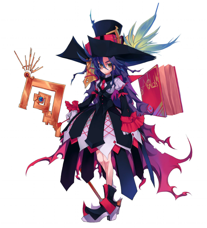 1girl big_hat book closed_eyes dip_pen dress floating floating_book floating_object frilled_sleeves frills frown gloves green_eyes hair_between_eyes hat hat_feather highres holding holding_staff lamian_(pixiv415608) long_hair necktie original pen purple_hair red_neckwear simple_background solo staff standing white_background white_gloves witch witch_hat