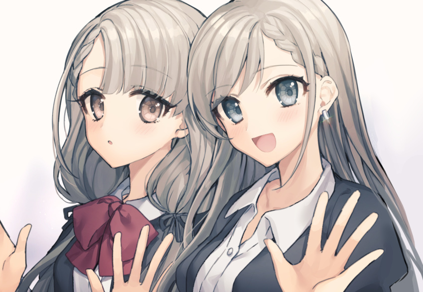 2girls :d bangs black_jacket black_ribbon blue_eyes blush bow braid brown_background brown_eyes brown_hair collared_shirt commentary_request dress_shirt earrings eyebrows_visible_through_hair gambe glint hair_between_eyes hair_ribbon hand_up hisakawa_hayate hisakawa_nagi idolmaster idolmaster_cinderella_girls jacket jewelry long_hair looking_at_viewer multiple_girls open_clothes open_jacket open_mouth parted_lips red_bow ribbon shirt siblings simple_background sisters smile twins upper_body white_shirt