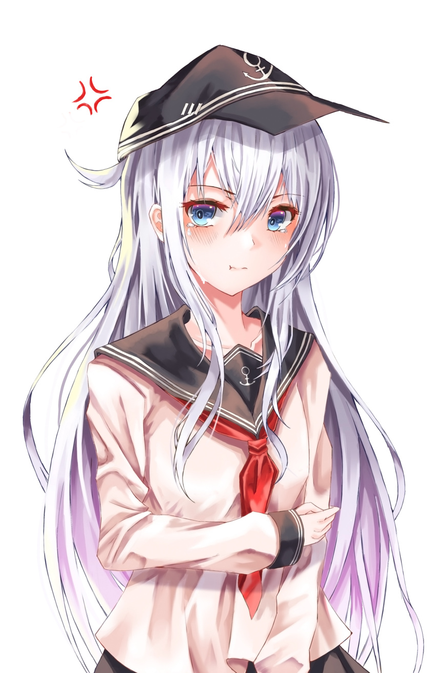 1girl absurdres anchor_symbol anger_vein arm_across_waist bangs blue_eyes blush breasts cup6542 flat_cap hat hibiki_(kantai_collection) highres kantai_collection long_hair long_sleeves looking_at_viewer neckerchief pleated_skirt pout red_neckwear school_uniform serafuku sidelocks silver_hair simple_background skirt small_breasts solo tearing_up white_background