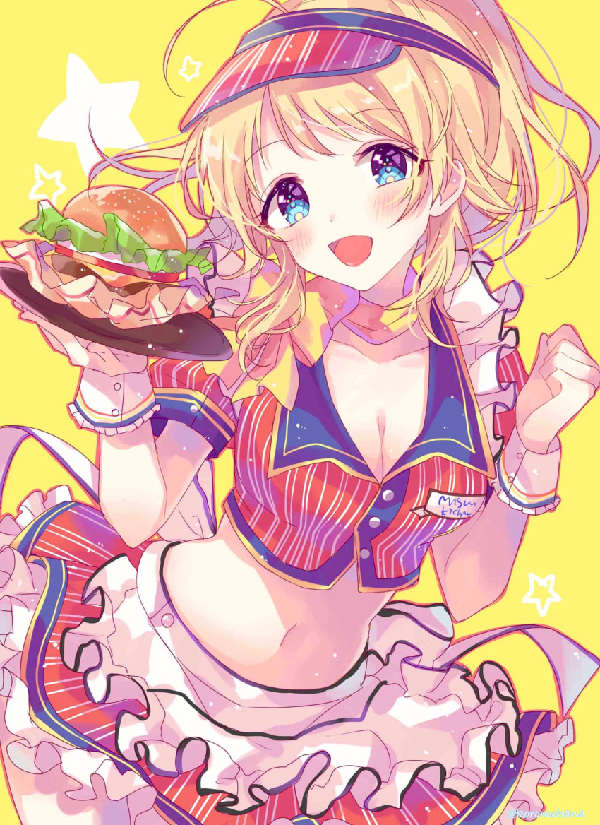 1girl :d ahoge apron blonde_hair blue_eyes blush breasts buttons cleavage collarbone crop_top food frilled_skirt frills hachimiya_meguru hamburger hanai_yuyu hands_up highres holding holding_tray idolmaster idolmaster_shiny_colors light_particles long_hair looking_at_viewer medium_breasts midriff miniskirt navel neck_ribbon open_mouth ponytail red_skirt ribbon short_sleeves simple_background skirt smile solo star stomach tray upper_body visor_cap waist_apron wing_collar wrist_cuffs yellow_background