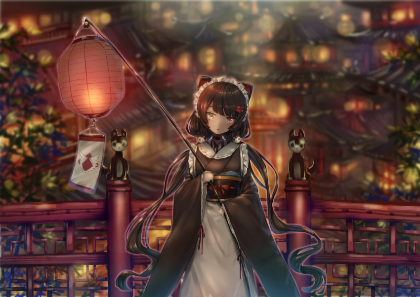 1girl animal_ears bangs black_collar black_hair blurry blurry_background blush bridge building collar commentary cowboy_shot daradarahundosi depth_of_field dog_ears dog_girl dog_hair_ornament flower frills hair_flower hair_ornament heterochromia highres holding_lantern inui_toko japanese_clothes kimono lantern lights long_hair long_sleeves looking_at_viewer low_twintails maid_headdress nijisanji outdoors paper_lantern parted_lips red_eyes scenery sleeves_past_wrists solo statue tree twintails very_long_hair virtual_youtuber wa_maid wide_sleeves yellow_eyes