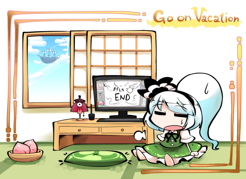 1girl =_= barefoot basket blue_sky chibi clouds commentary_request desk_lamp english_text food fruit green_skirt green_vest hair_ribbon indoors karakasa_obake kashuu_(b-q) konpaku_youmu konpaku_youmu_(ghost) lamp monitor on_floor open_mouth open_window palanquin_ship peach pillow ribbon shirt short_sleeves sitting skirt sky solo sweatdrop tatami touhou umbrella vest white_hair white_shirt window