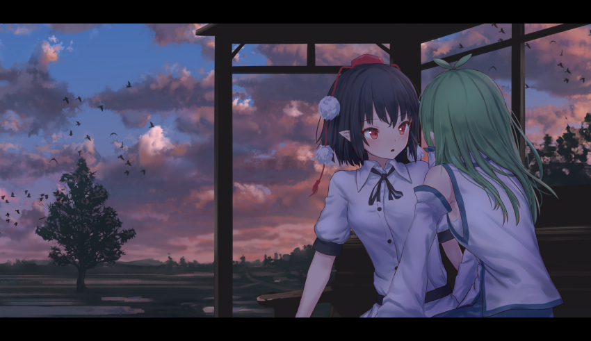 2girls antenna_hair bangs bare_shoulders belt bird black_belt black_hair black_neckwear black_ribbon blue_skirt blue_sky blush breasts clouds commentary_request detached_sleeves eyebrows_visible_through_hair flock green_hair hair_tubes hat highres kochiya_sanae long_hair long_sleeves looking_at_another multiple_girls neck_ribbon outdoors parted_lips pointy_ears pom_pom_(clothes) puffy_short_sleeves puffy_sleeves red_eyes ribbon roke_(taikodon) sarashi shameimaru_aya shirt short_hair short_sleeves sidelocks sitting skirt sky small_breasts sunset tassel tokin_hat touhou tree upper_body white_shirt wide_sleeves