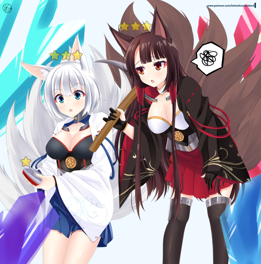 2girls :o akagi_(azur_lane) azur_lane black_kimono blue_eyes blush breasts brown_hair cleavage crystal fox_girl fox_tail gloves hakama_skirt helvetica_5tandard highres japanese_clothes kaga_(azur_lane) kimono leaning_forward long_hair looking_at_another medium_breasts mining multiple_girls multiple_tails red_eyes short_hair silver_hair spoken_squiggle squiggle star tail very_long_hair white_kimono