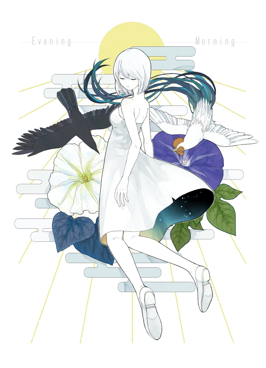 1girl bangs bird chicken closed_eyes crow dress egasumi english_text flower from_side highres kamura_gimi leaf original purple_flower rooster short_hair sleeveless smile solo strapless strapless_dress swept_bangs white_dress white_flower white_footwear white_hair