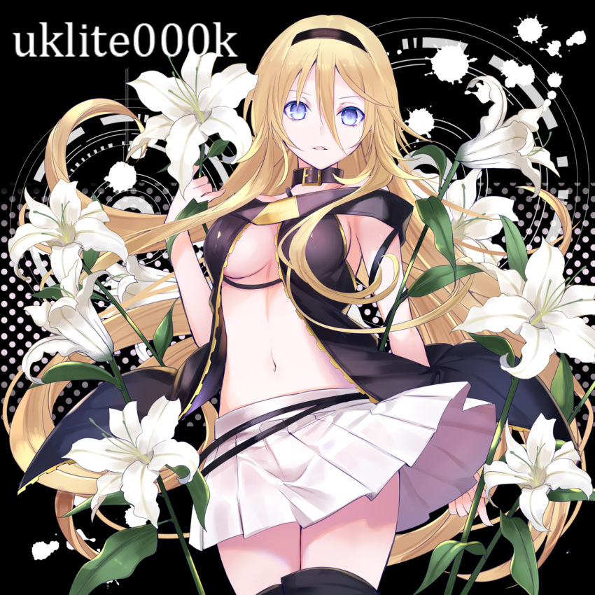 1girl black_background blonde_hair blue_eyes breasts cleavage collar flower hairband highres holding holding_flower large_breasts lily_(flower) lily_(vocaloid) long_hair looking_at_viewer midriff navel parted_lips skirt solo thigh-highs twitter_username very_long_hair vest vocaloid yuuki_kira