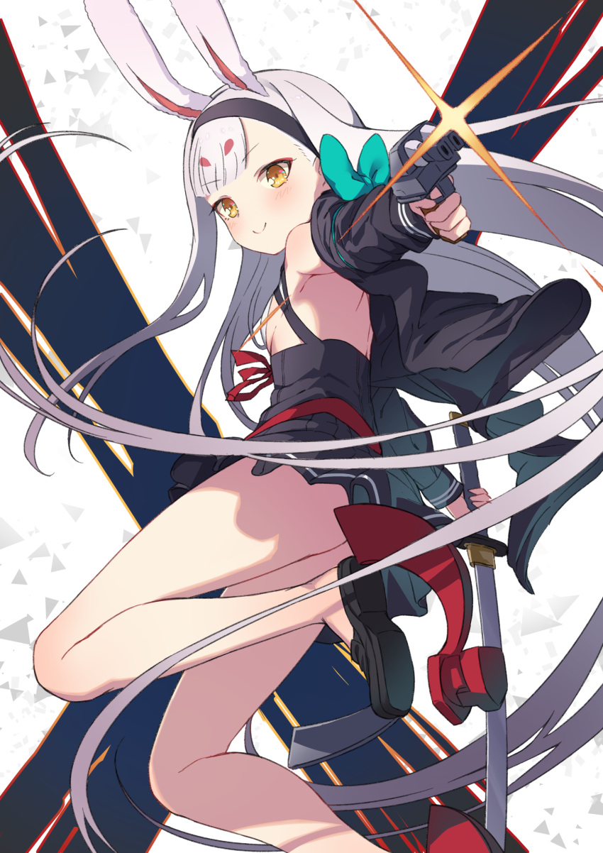 1girl animal_ears armpit_peek azur_lane back bare_legs black_footwear black_jacket blush breasts cowboy_shot dress dual_wielding firing graphite_(medium) hairband highres hikimayu holding jacket katana long_hair looking_at_viewer mechanical_pencil muzzle_flash neme1228 orange_eyes pencil rabbit_ears shimakaze_(azur_lane) shoes short_dress sideboob silver_hair small_breasts smile solo sword thick_eyebrows thighs traditional_media turret weapon white_background