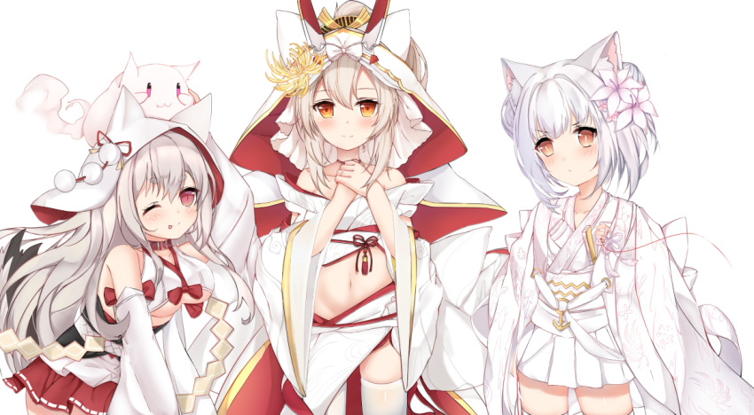 3girls alternate_costume animal_ear_fluff animal_ears ayanami_(azur_lane) azur_lane bare_shoulders blush breasts brown_eyes cat_ears chinese_commentary choker collar commentary_request detached_sleeves dress flat_chest flower hair_flower hair_ornament hood japanese_clothes kuaua large_breasts long_hair long_sleeves looking_at_viewer midriff multiple_girls navel one_eye_closed platinum_blonde_hair pleated_skirt red_collar red_eyes red_string short_hair sidelocks silver_hair simple_background skirt smile string thigh-highs tongue tongue_out under_boob wedding_dress white_background white_hair white_legwear wide_sleeves yellow_eyes yukikaze_(azur_lane) yuudachi_(azur_lane)