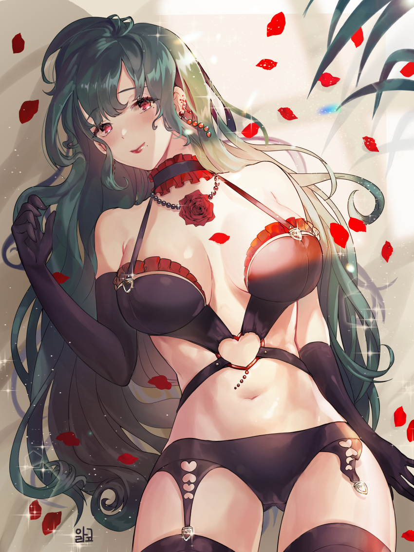 1girl absurdres alraco bangs black_bra black_gloves black_legwear black_panties blush bra breasts choker earrings elbow_gloves eyebrows_visible_through_hair flower garter_belt garter_straps gloves green_hair head_tilt heart_ring_top highres huge_filesize jewelry large_breasts light_particles lingerie long_hair looking_at_viewer lying mole mole_under_eye mole_under_mouth navel necklace on_back original panties petals red_eyes red_flower red_lips red_rose rose sidelocks solo stomach thigh-highs underwear very_long_hair wavy_hair