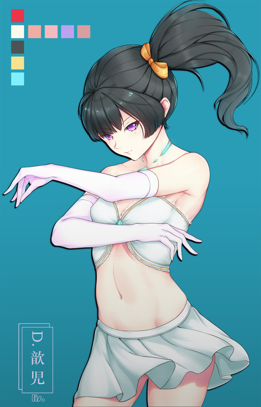 1girl bare_shoulders black_hair blue_background bow breasts commentary_request elbow_gloves eyebrows_visible_through_hair gloves hair_bow highres lis_zhu_long long_hair looking_at_viewer navel orange_bow original pink_eyes skirt sleeveless small_breasts solo white_gloves white_skirt