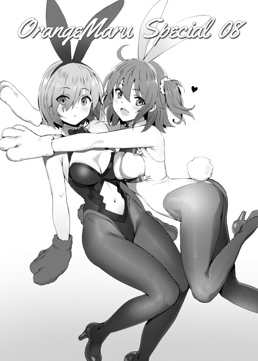 2girls ahoge animal_ears bangs bare_shoulders blush breasts cleavage closed_mouth detached_collar fate/grand_order fate_(series) fujimaru_ritsuka_(female) gloves greyscale hair_over_one_eye heart high_heels highres leotard looking_at_viewer mash_kyrielight medium_breasts monochrome multiple_girls navel navel_cutout one_side_up open_mouth orange_maru pantyhose paw_gloves paws rabbit_ears scrunchie short_hair side_ponytail simple_background smile thighs white_background
