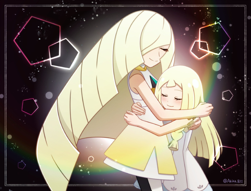 2girls akika_821 blonde_hair closed_eyes creatures_(company) game_freak highres hug lillie_(pokemon) mother_and_daughter multiple_girls nintendo pokemon pokemon_(game) pokemon_sm