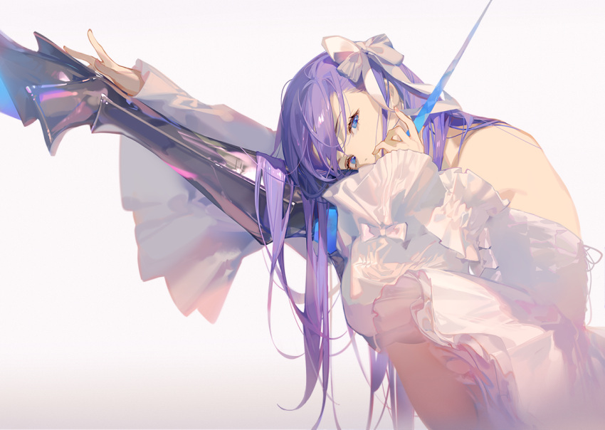 1girl armor armored_boots ask_(askzy) bangs blue_eyes blue_ribbon boots bow commentary covered_mouth dress eyebrows_visible_through_hair fate/extra fate/extra_ccc fate/grand_order fate_(series) gradient gradient_background hair_bow hair_ribbon head_tilt holding leg_up long_hair long_sleeves looking_at_viewer meltryllis purple_hair revision ribbon sidelocks simple_background sleeves_past_wrists solo split very_long_hair weibo_username white_bow white_dress white_ribbon