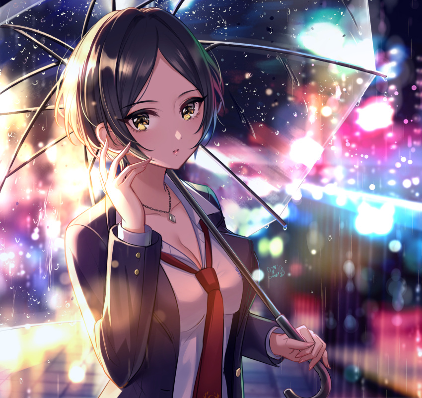 1girl bangs black_hair blurry blurry_background blush breasts city_lights cleavage collarbone collared_shirt commentary_request earrings hand_up hayami_kanade highres holding holding_umbrella idolmaster idolmaster_cinderella_girls ilo jacket jewelry long_sleeves looking_at_viewer medium_breasts necklace necktie open_clothes open_jacket open_mouth outdoors parted_bangs rain red_neckwear revision shirt short_hair signature solo umbrella white_shirt yellow_eyes