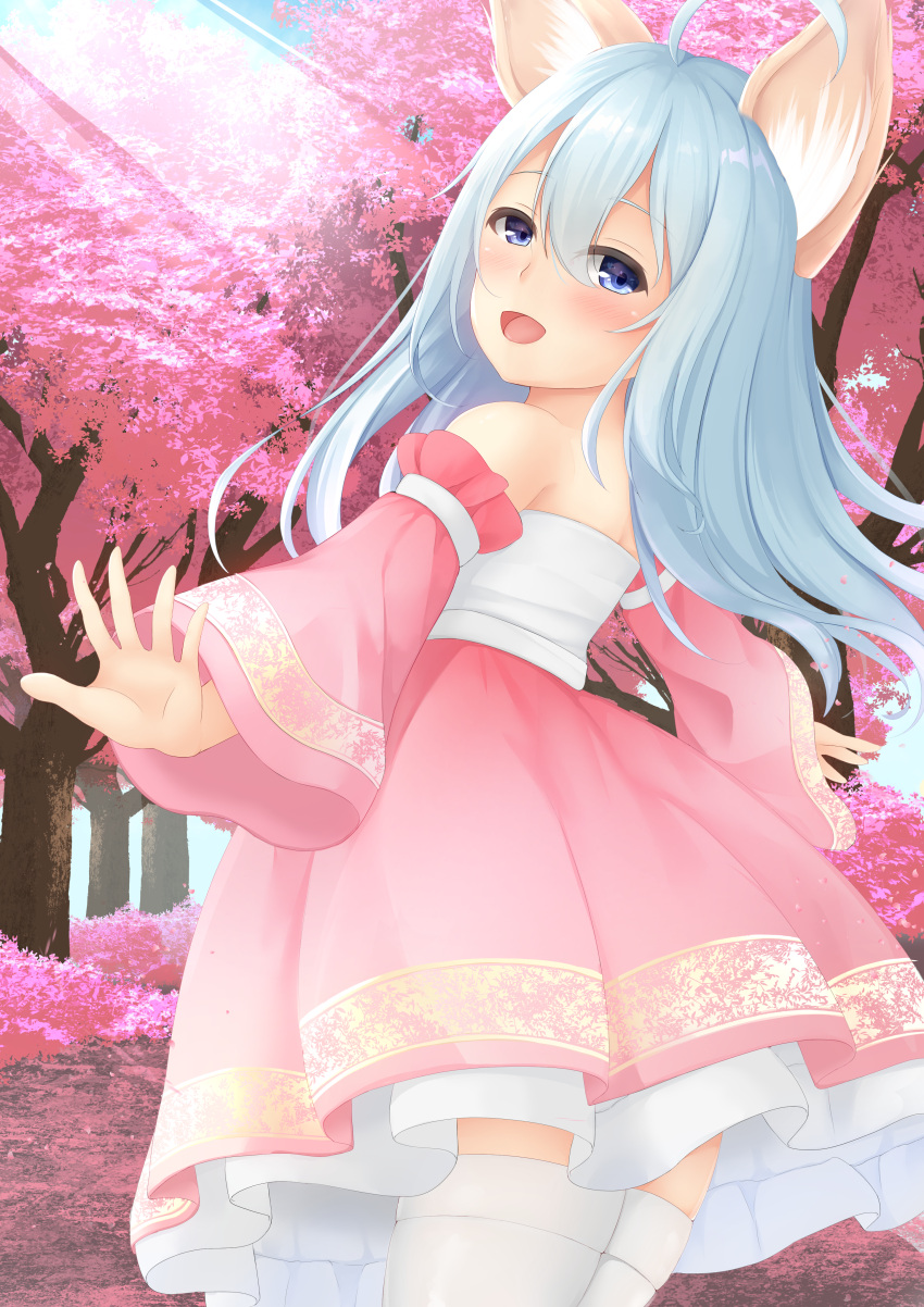 1girl absurdres ahoge animal_ears bare_shoulders blue_eyes blue_hair cherry_blossoms detached_sleeves dog_ears dress elin_(tera) forest from_behind highres huge_filesize long_hair looking_back nature no_tail open_mouth outdoors outstretched_arms pink_dress smile solo sonia_(fetusdream) tera_online thigh-highs tree white_legwear