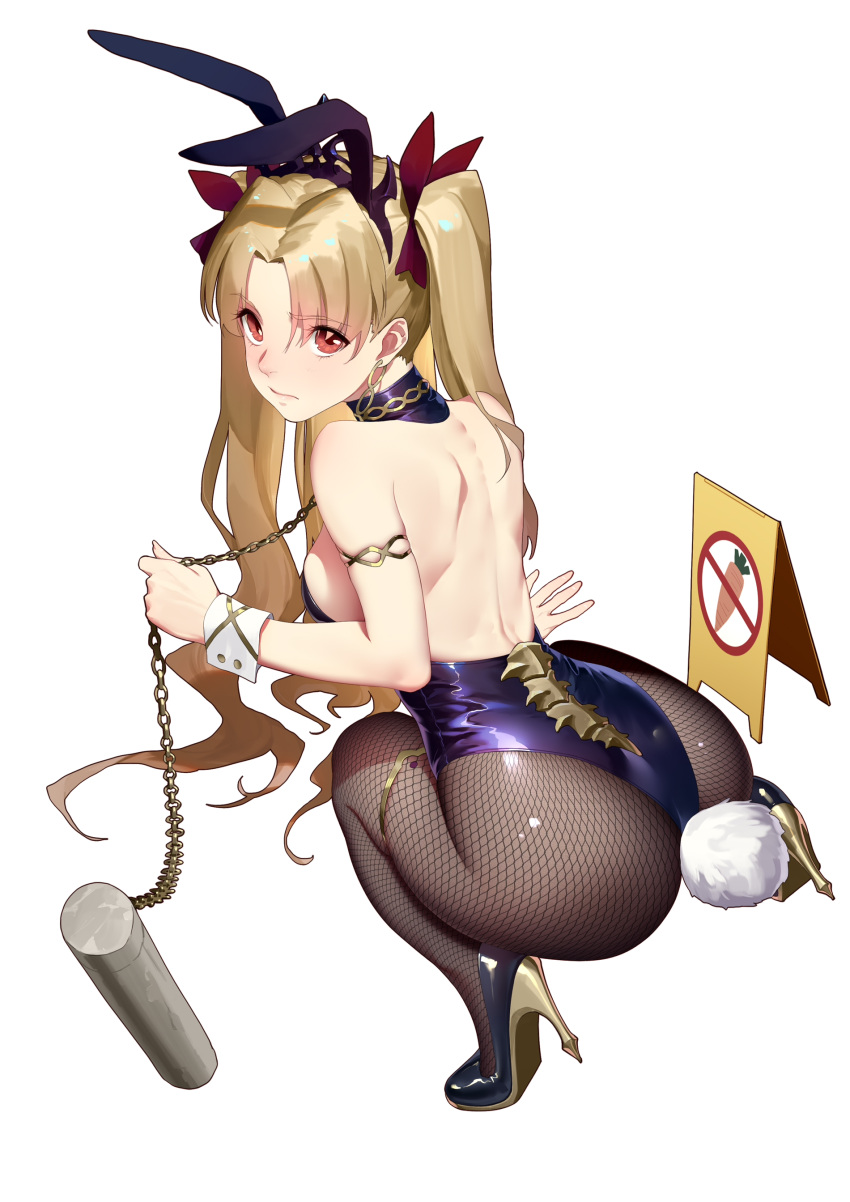 1girl absurdres animal_ears armlet ass bangs bare_shoulders bunny_tail bunnysuit collar daye_bie_qia_lian earrings ereshkigal_(fate/grand_order) eyebrows_visible_through_hair fake_animal_ears fate/grand_order fate_(series) fishnet_pantyhose fishnets full_body high_heels highres jewelry leash leotard light_brown_hair long_hair looking_at_viewer looking_back pantyhose parted_bangs rabbit_ears red_eyes shoulder_blades simple_background solo squatting tail tiara two_side_up white_background wrist_cuffs