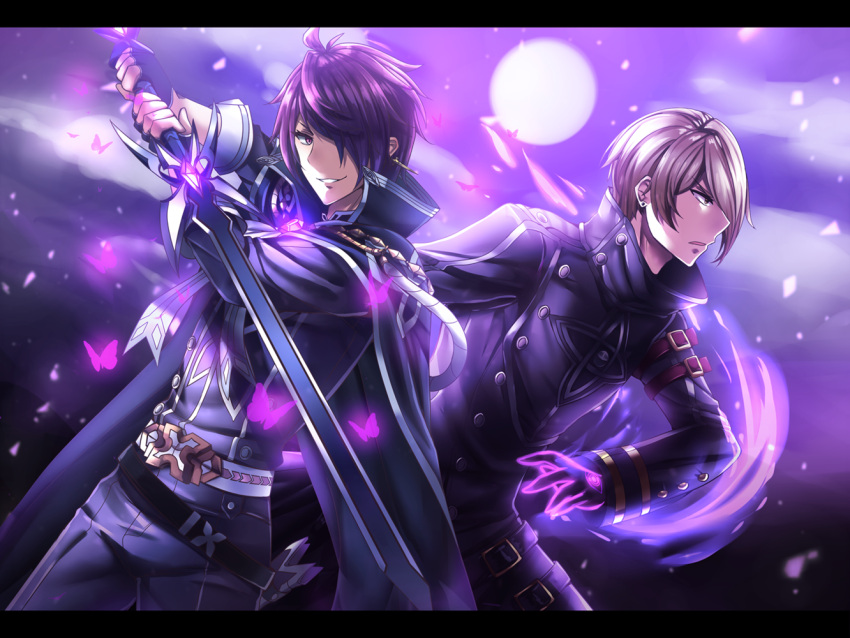 2boys arm_belt ateliae belt black_pants brown_eyes bug butterfly cape earrings epic epic7 fingerless_gloves gloves hair_over_one_eye holding holding_sword holding_weapon insect jewelry long_sleeves looking_at_viewer looking_to_the_side male_focus moon multiple_boys outdoors pants purple_background purple_hair purple_sky sez_(epic7) smirk standing stud_earrings sword violet_(epic7) weapon