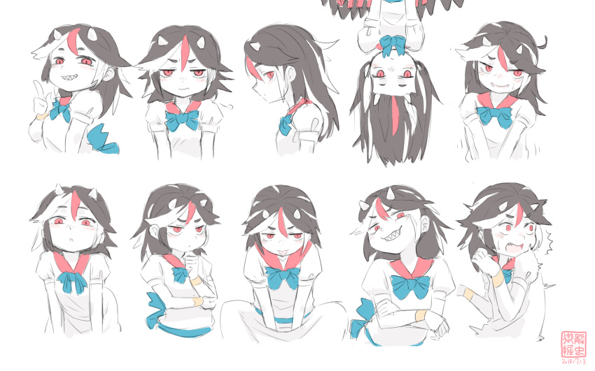 /\/\/\ 1girl :o black_hair blue_bow blue_neckwear bow closed_mouth expressions frown grin hand_on_own_elbow hand_up highres horns kani_onigiri_(shottare) kijin_seija long_hair multicolored_hair open_mouth puffy_short_sleeves puffy_sleeves red_eyes redhead sanpaku sharp_teeth short_sleeves smile streaked_hair surprised teeth touhou upper_body upside-down v-shaped_eyebrows white_background white_hair