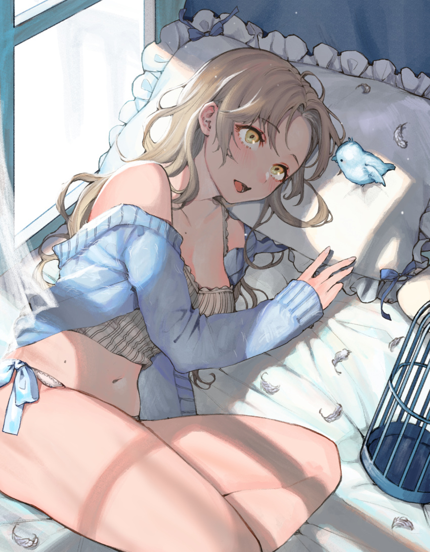 1girl :o animal bangs bare_legs bare_shoulders bird birdcage blue_jacket blush breasts brown_hair cage camisole cleavage collarbone crop_top curtains feathers grey_panties grey_shirt highres jacket long_hair long_sleeves looking_at_viewer lying medium_breasts mole mole_on_breast mole_on_stomach navel off_shoulder on_side open_clothes open_jacket open_mouth original panties parted_bangs pillow shirt sidelocks solo stomach striped striped_shirt sunlight thighs underwear uni_(melm) window_shade yellow_eyes