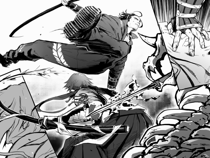 2boys closed_mouth enemy_tantou greyscale hakama highres japanese_clothes jikan_sokougun jumping jumpsuit long_hair male_focus monochrome multiple_boys nihongou_(touken_ranbu) polearm ponytail skeleton spear tan_matsu tantou tonbokiri_(touken_ranbu) touken_ranbu weapon yari