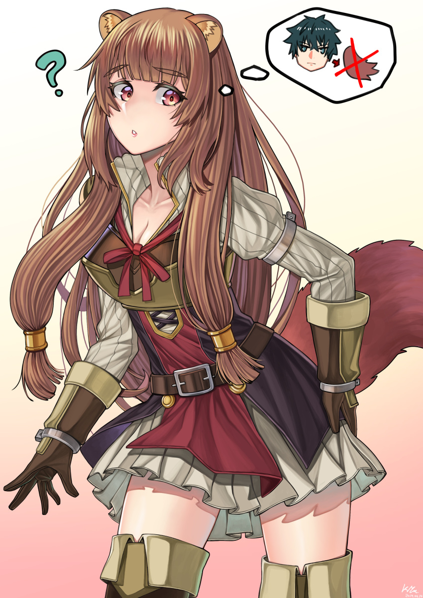 1girl ? absurdres animal_ears bangs belt blunt_bangs blush boots breastplate breasts brown_gloves brown_hair cleavage collarbone cuffs dated dress eyebrows_visible_through_hair gloves gradient gradient_background hair_tubes hand_on_hip highres iwatani_naofumi long_hair long_sleeves looking_back medium_breasts nanni_jjang parted_lips puffy_long_sleeves puffy_sleeves raccoon_ears raccoon_girl raccoon_tail raphtalia red_eyes red_ribbon ribbed_dress ribbon short_dress signature solo sweater sweater_dress tail tate_no_yuusha_no_nariagari thigh-highs thigh_boots thought_bubble very_long_hair white_dress